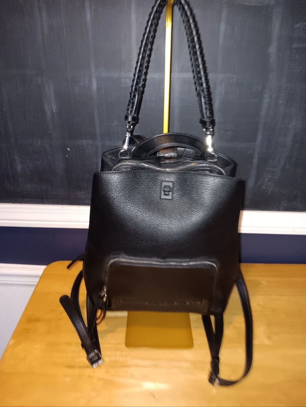 Desigual Black Leather Backpack with Braided Straps
